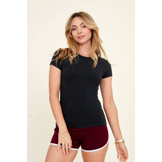 Women's dark charcoal gray crew neck short sleeve fitted knit t-shirt