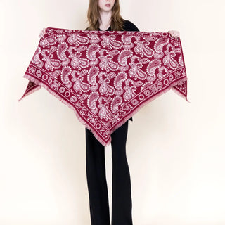 Burgundy triangular paisley scarf with white pattern and fringe edges