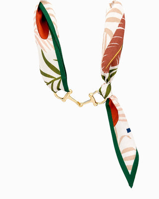 Tropical print silk scarf necklace with gold horse bit clasp and green border
