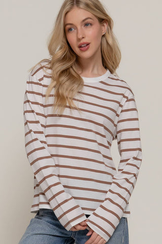 White long sleeve round neck tee with brown horizontal stripes