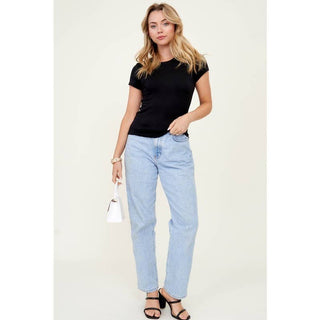 Women's black crew neck short sleeve fitted knit tee with light wash straight jeans