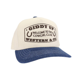 Cream and blue denim two-tone trucker hat with western cowgirl embroidered graphic
