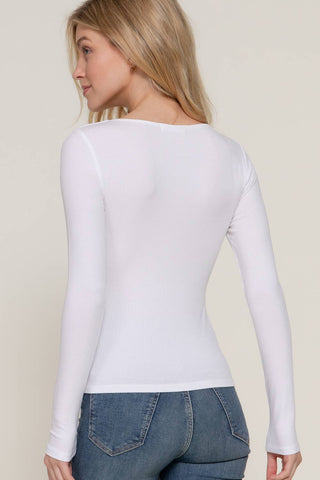 White ribbed long sleeve round neck fitted double layer tee, back view