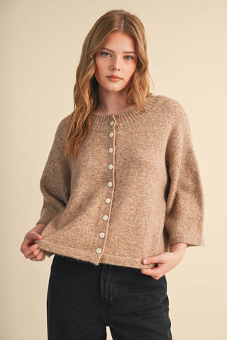 Taupe button-front knit cardigan with elbow-length sleeves and ribbed neckline