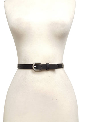Black genuine leather belt with silver buckle and oval concho on mannequin