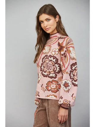 FATE pink floral jacquard knit sweater with mock neck and balloon sleeves