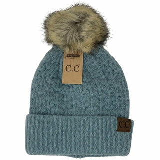 C.C Beanie teal cable knit beanie with faux fur pom pom and cuffed brim