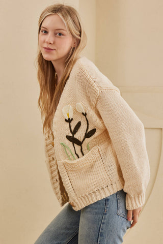 The Gabby Flower Embroidered Knit Cardigan – Cream
