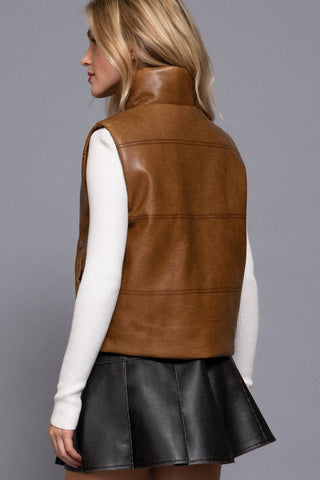 Tan wash effect faux leather puffer vest with high collar and seam details
