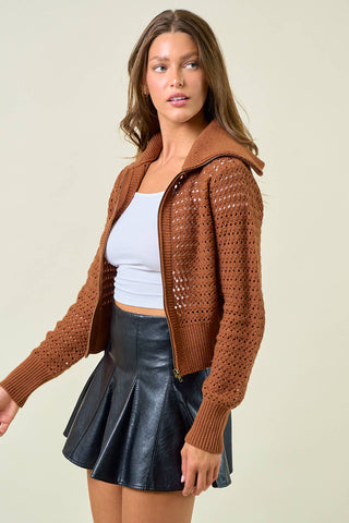 The Camille Zip-Up Pointelle Open Knit Sweater Jacket