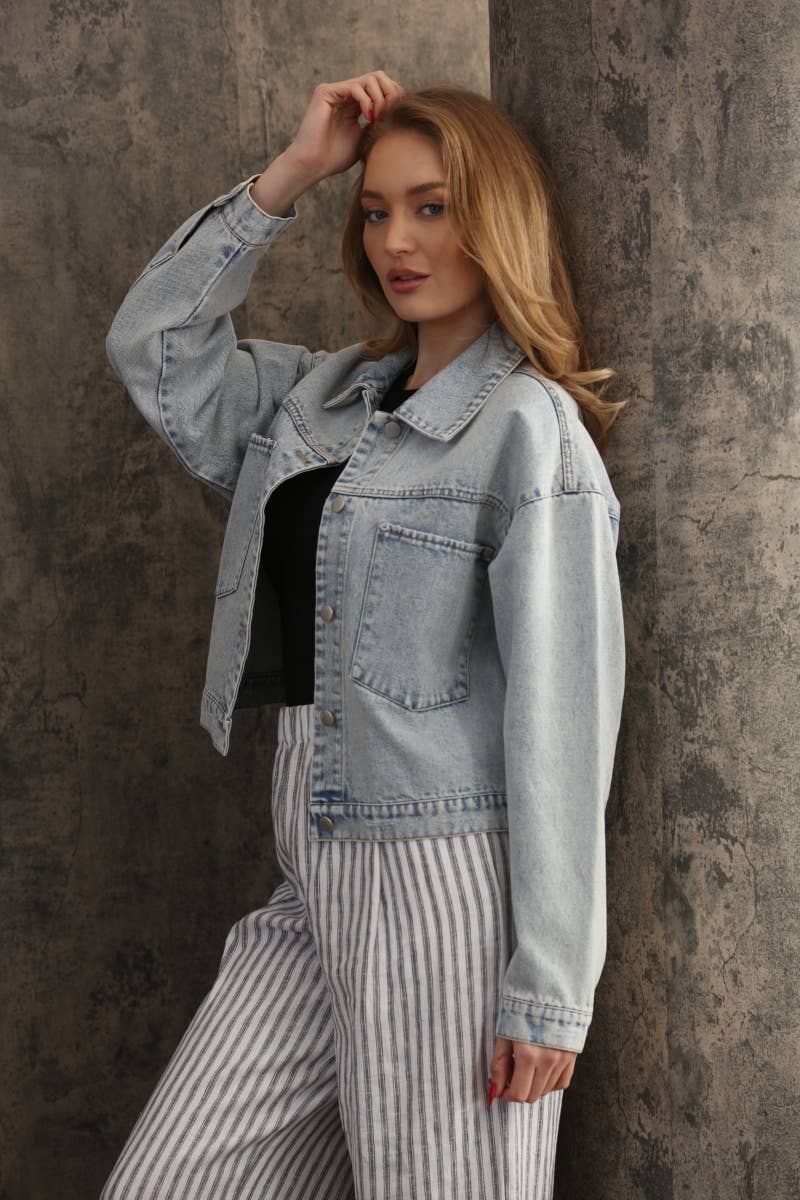 The Gwen Denim Oversized Crop Jacket With Big Pockets