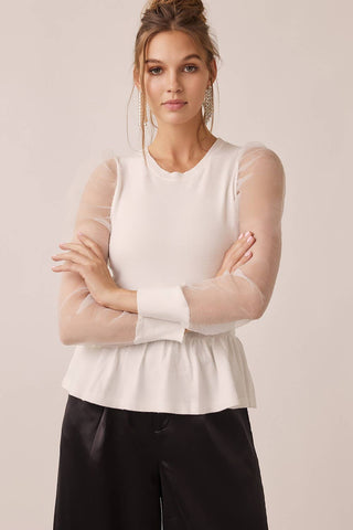 The Ellie Organza Puff Sleeve Peplum Blouse – Off White