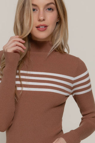 Brown ribbed mock neck sweater with white chest stripes and long sleeves