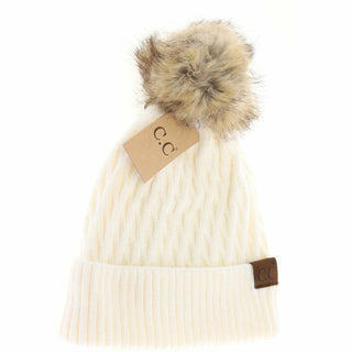 Ivory cream knit beanie with honeycomb texture and faux fur pom pom by C.C