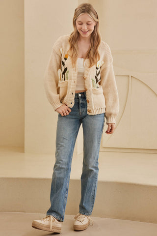 The Gabby Flower Embroidered Knit Cardigan – Cream