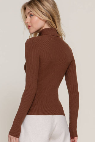 Brown ribbed knit turtleneck sweater, slim fit, long sleeves, back view