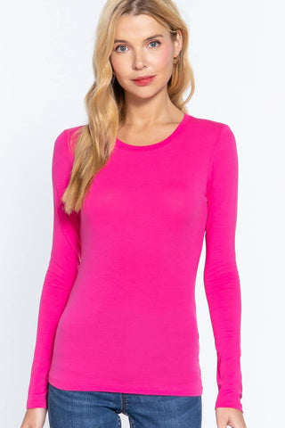 Women's hot pink long sleeve crew neck fitted cotton spandex jersey top