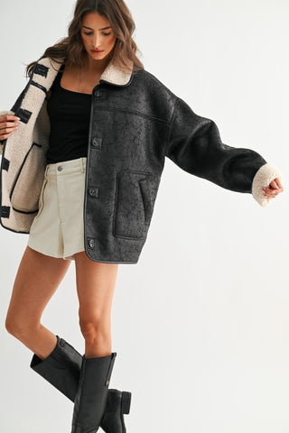 Camellia Toni Reversible black distressed leather and cream sherpa oversized jacket