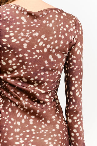 Brown long-sleeve midi dress with white deer spot print, back view