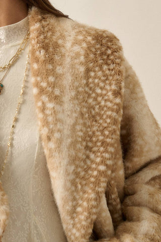 Beige faux fur jacket with deer-spot print and shawl collar detail
