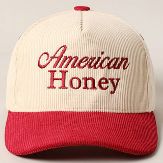 Cream and red corduroy trucker cap with American Honey embroidery