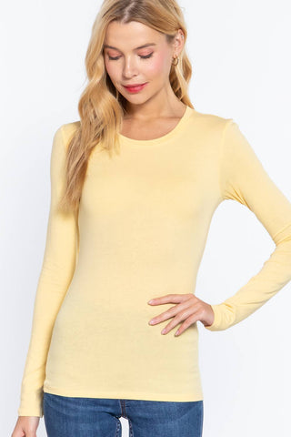 Women's pale yellow long sleeve crew neck fitted cotton spandex jersey top
