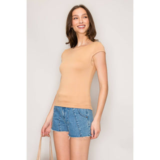 Popular 21 tan double layered boat neck cap sleeve fitted top with denim shorts