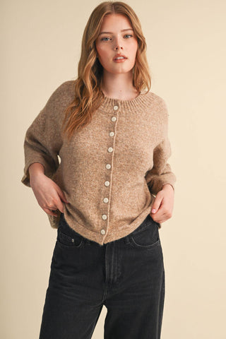 Taupe elbow-length sleeve button-front knit sweater cardigan with cream buttons