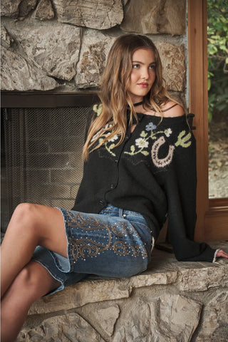 Charcoal black knit cardigan with horseshoe and floral western graphic design