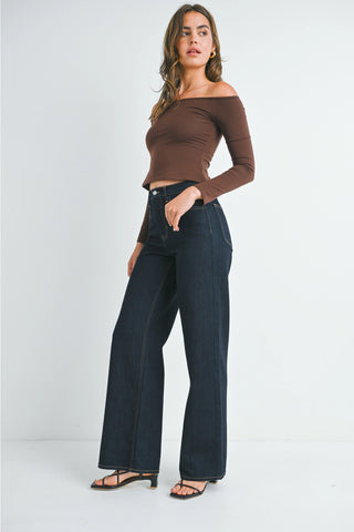 Dark indigo wide leg jeans with contrast stitching and high waist fit