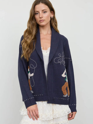 Navy knit cardigan with cowboy jacquard pattern and shawl collar