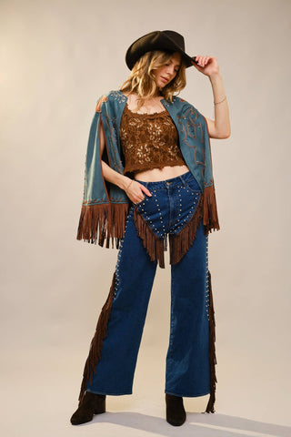 The Western Fringe Cape Jacket in Dark Teal
