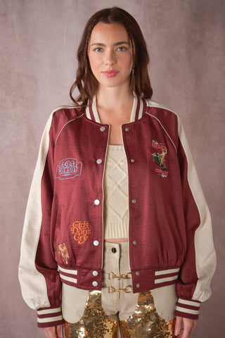 The Patsy Western Patch Satin Varsity Jacket in Rust