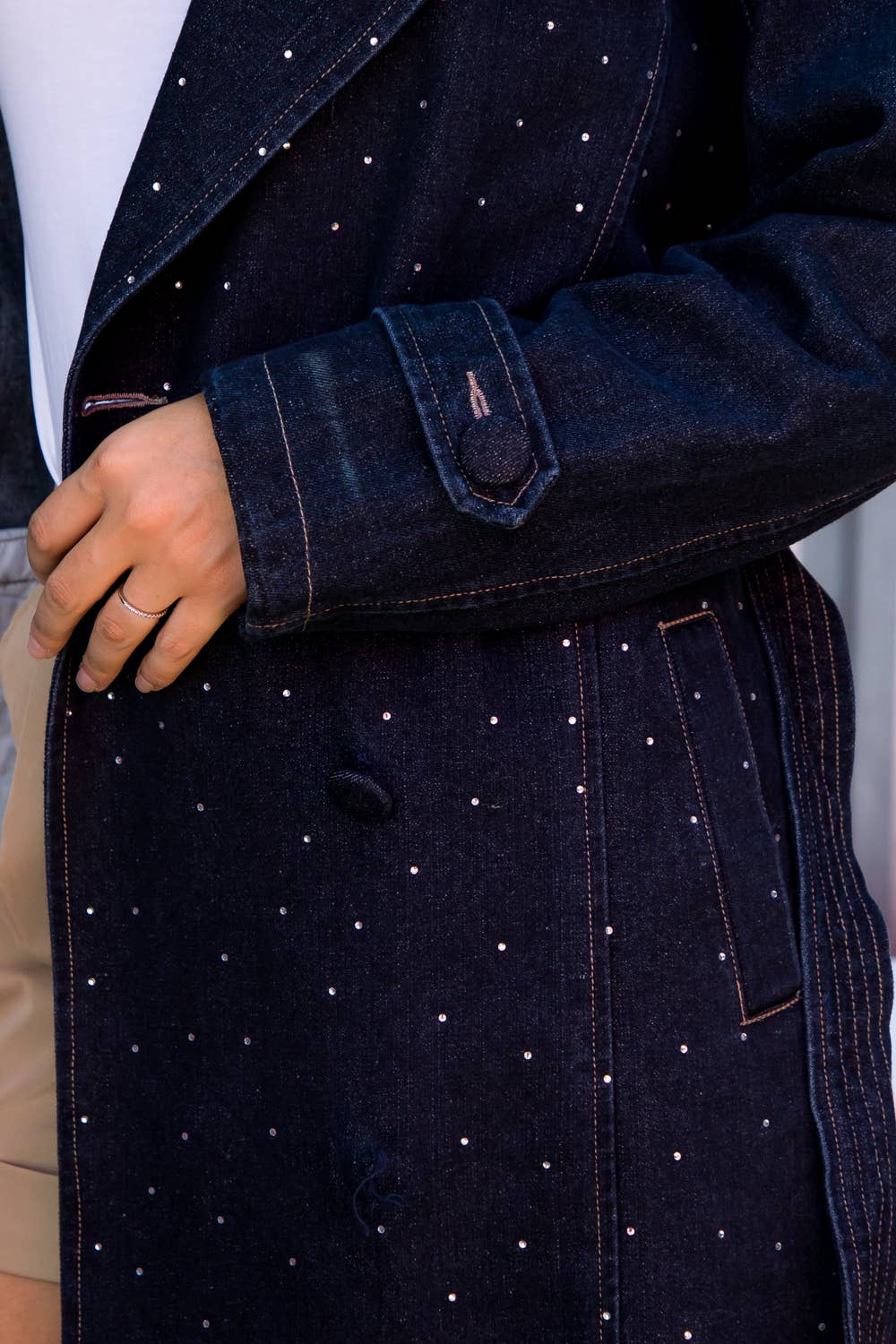 The Rhinestone Cowgirl Denim Trench Coat