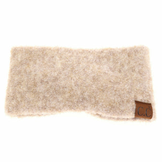 C.C Beanie cream shearling knit headband ear warmer with brown leather logo patch