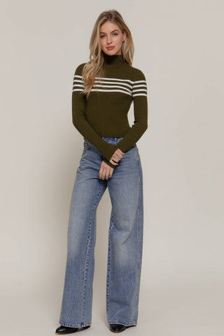 Olive green ribbed turtleneck sweater top with white chest stripes, long sleeves