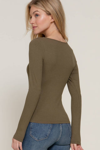 Olive green ribbed long sleeve round neck fitted tee, back view