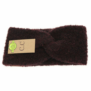 C.C burgundy twisted knit headband made from recycled shearling yarn
