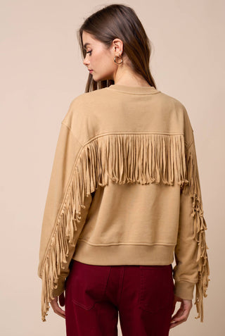 Lalavon tan fringe sleeve crew neck sweatshirt with back and sleeve fringe details