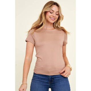 Women's mocha crew neck short sleeve fitted knit tee with blue jeans