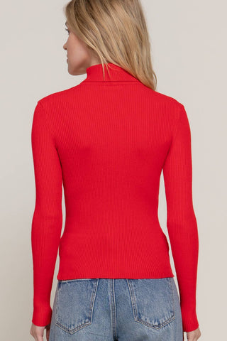 Red ribbed turtleneck long sleeve fitted sweater top, back view