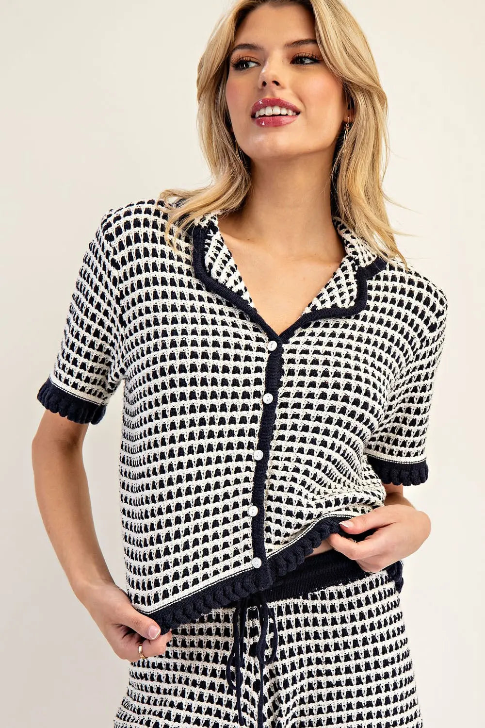 Navy & White Crochet Knit Short Set