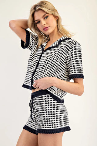 The Navy & White Crochet Knit Short Set