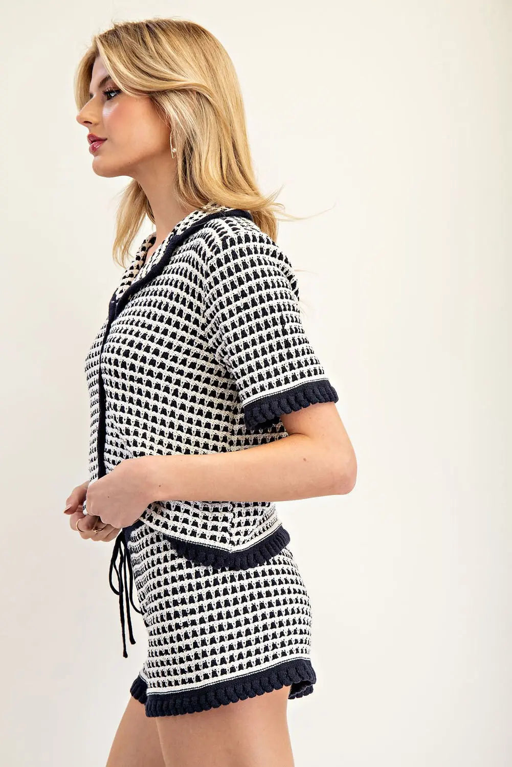 Navy & White Crochet Knit Short Set