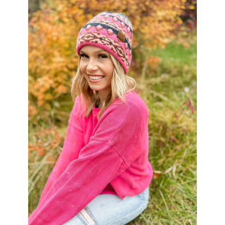 C.C Beanie pink Aztec patterned cuff knit beanie with gray and brown details
