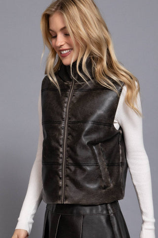Black wash effect faux leather zip-up puffer vest with front pockets