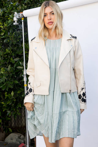 The Brittney Vegan Leather Moto Jacket with Embroidery