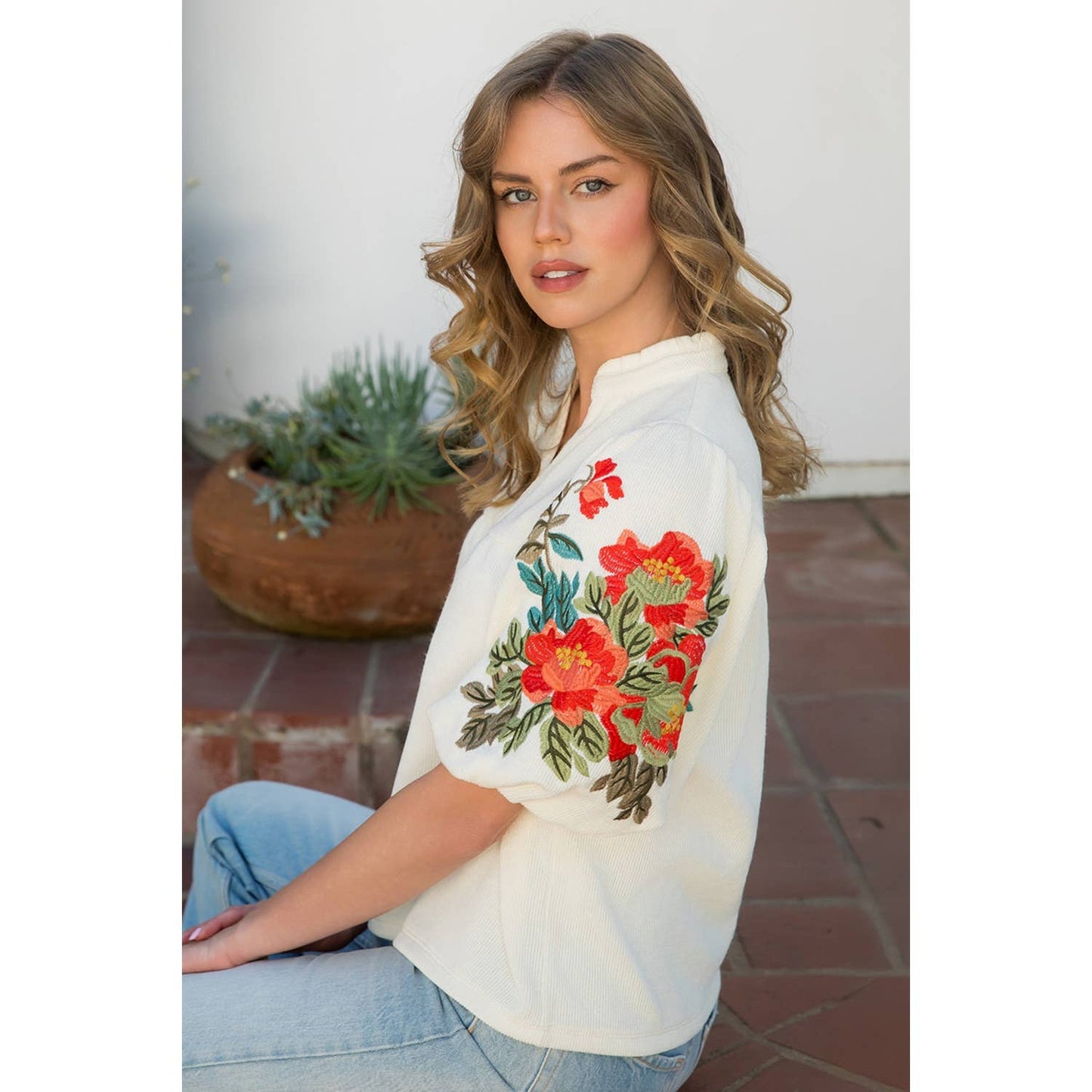 The Lily Floral Embroidered Puff Sleeve Top