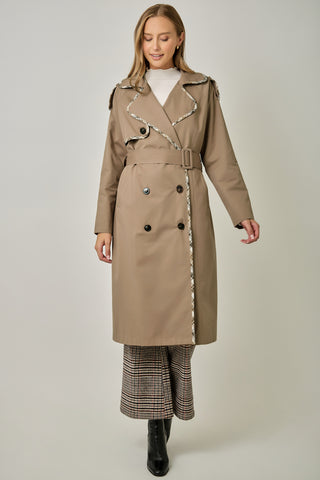 Mystree tan double-breasted midi trench coat with plaid trim and belt