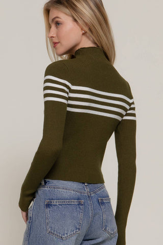 Olive green ribbed mock neck sweater top with white chest stripes, long sleeves